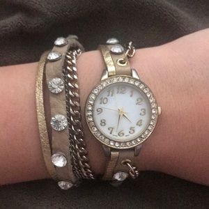 Wrap Around Gold Watch with Rhinestones